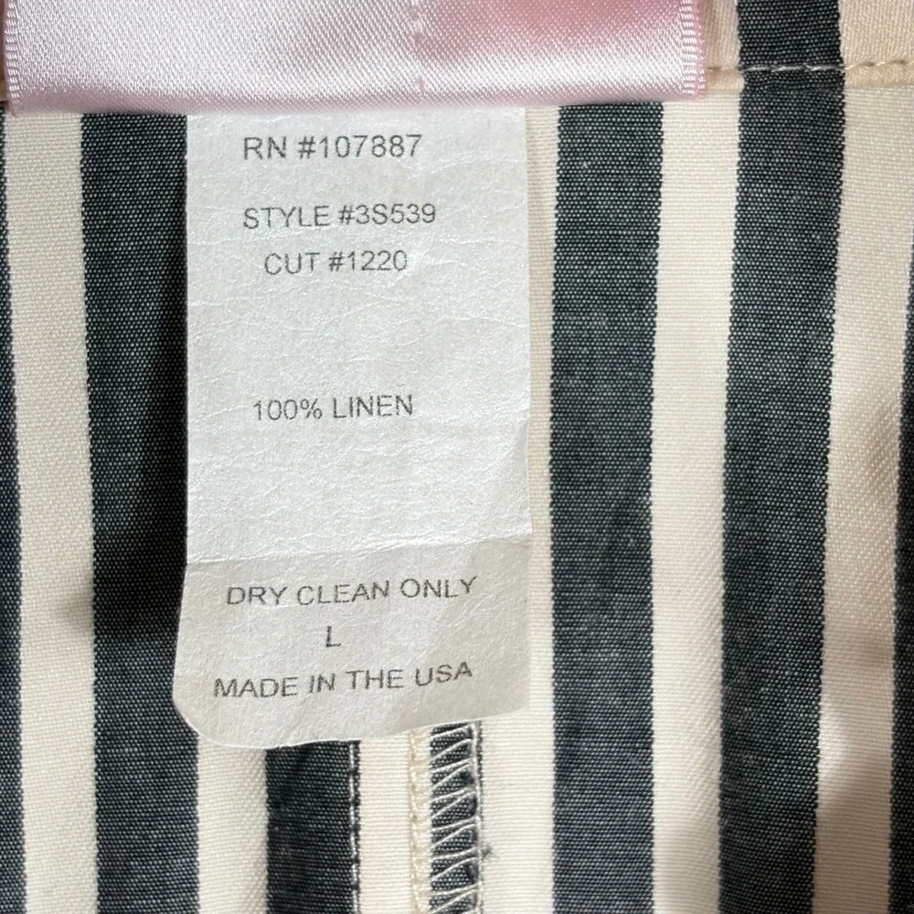 3 Sisters Black White Striped 100% Linen Tie Front Wrap Blouse Top L 3S539 USA